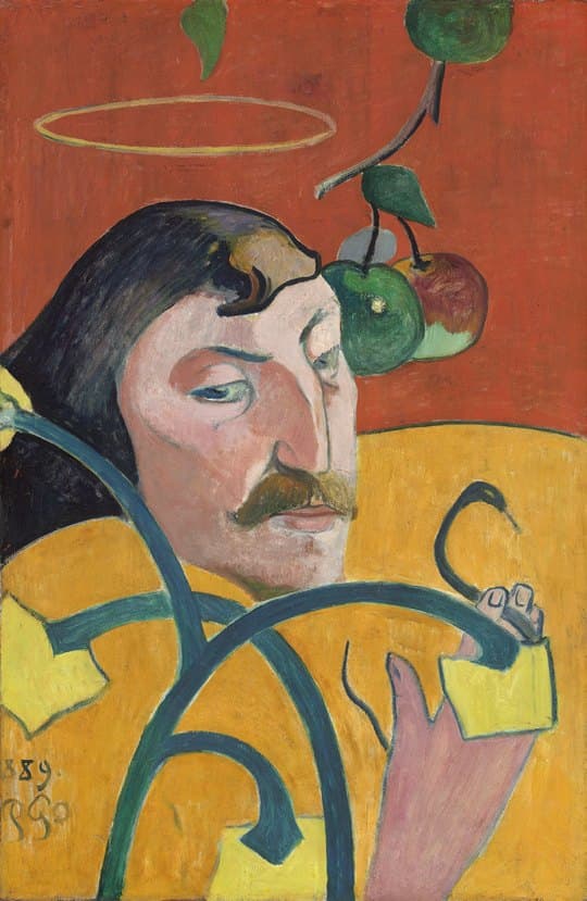 Autorretrato de Paul Gauguin sobre fondo amarillo y rojo, con una enredadera detrás de él.